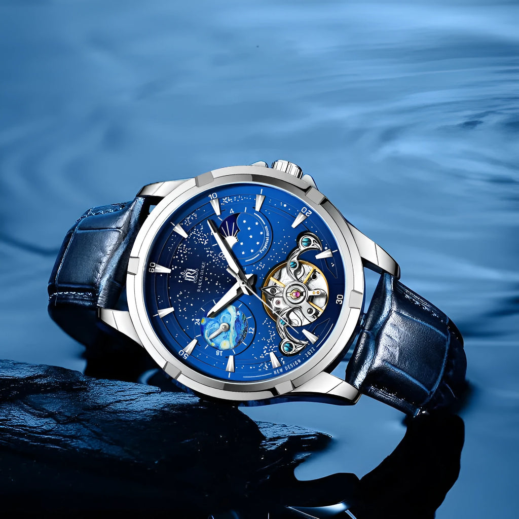 Men's blue dial automatic mechanical watch with 14mm case thickness showing T885B colour variant.