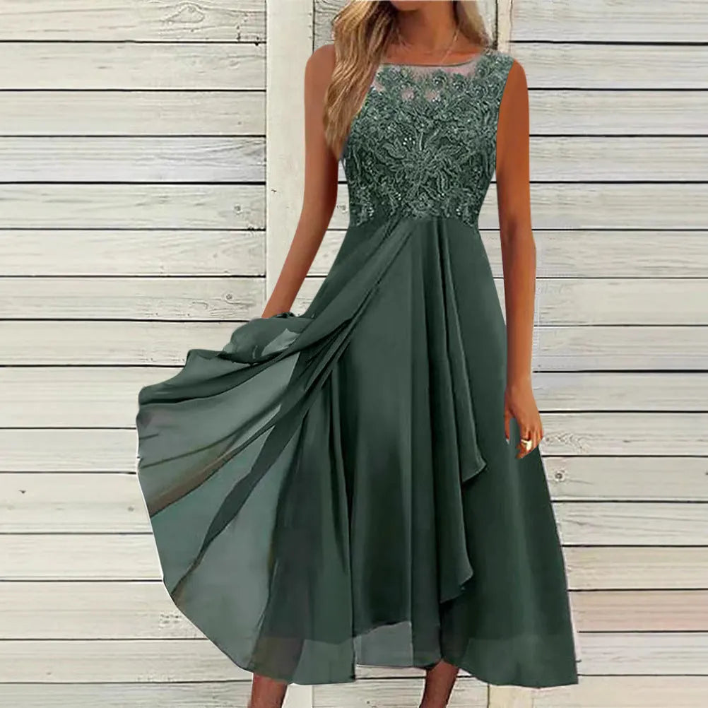Women's sleeveless chiffon dress with lace hollow-out detail in princess style, shown in green colour