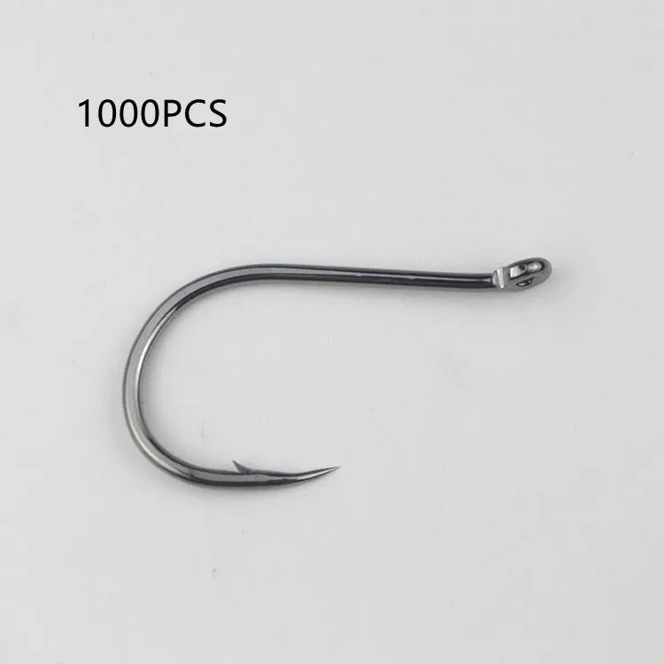 Bulk pack of barbed alloy carbon steel sea fishing hooks with a crooked mouth and hole ring design.