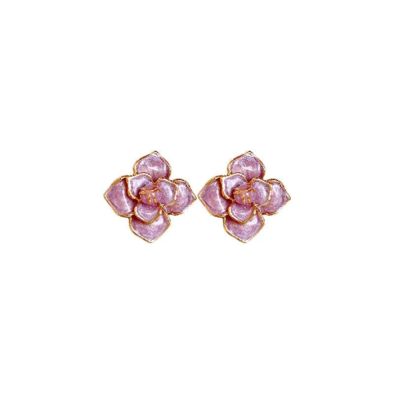 Gold plated purple oil-spot glaze floral stud earrings on copper base.