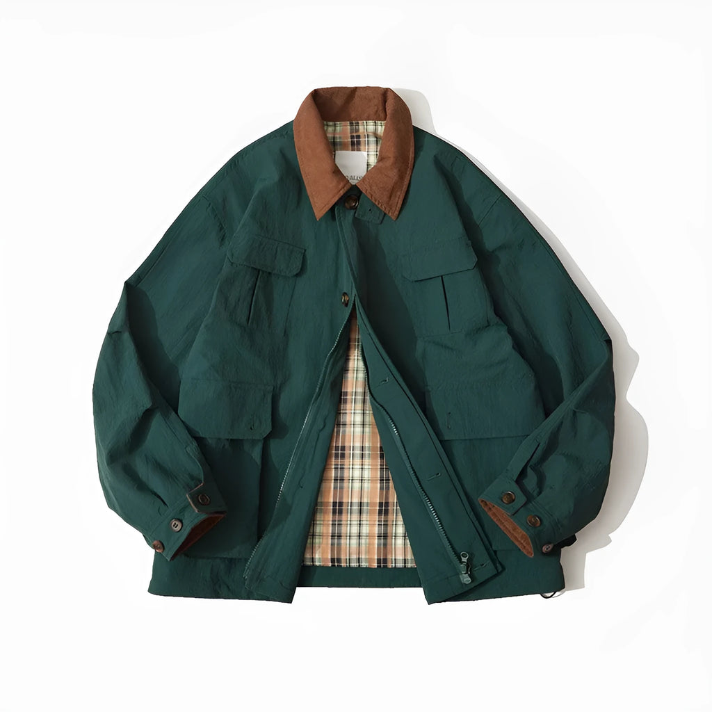 Green and apricot polyester casual jacket with side seam pockets and long sleeves