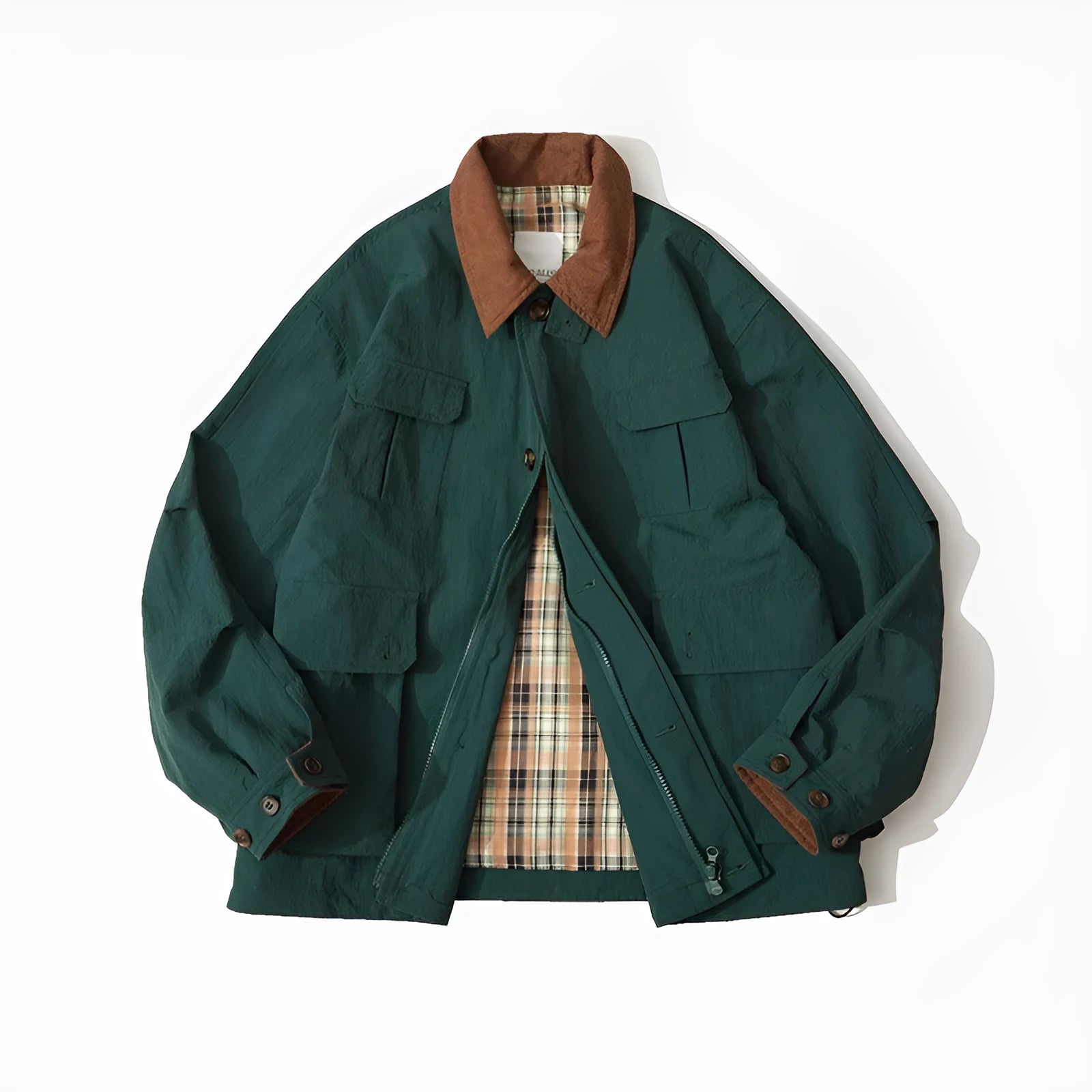 Green and apricot polyester casual jacket with side seam pockets and long sleeves