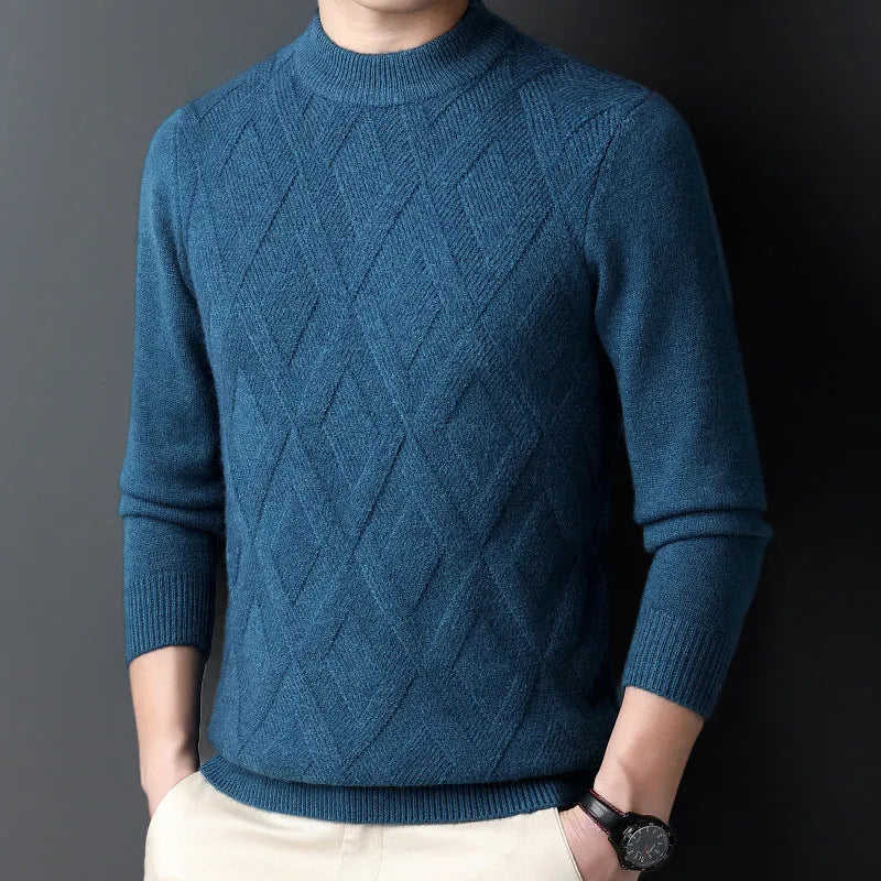 Men's diamond jacquard pattern thermal sweater in polyester fabric, plus size winter pullover