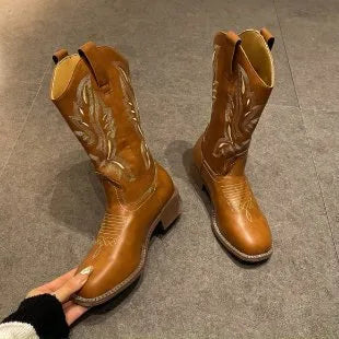 Brown women's embroidered Martin boots with leather lining, low square heel, and waterproof platform sole.