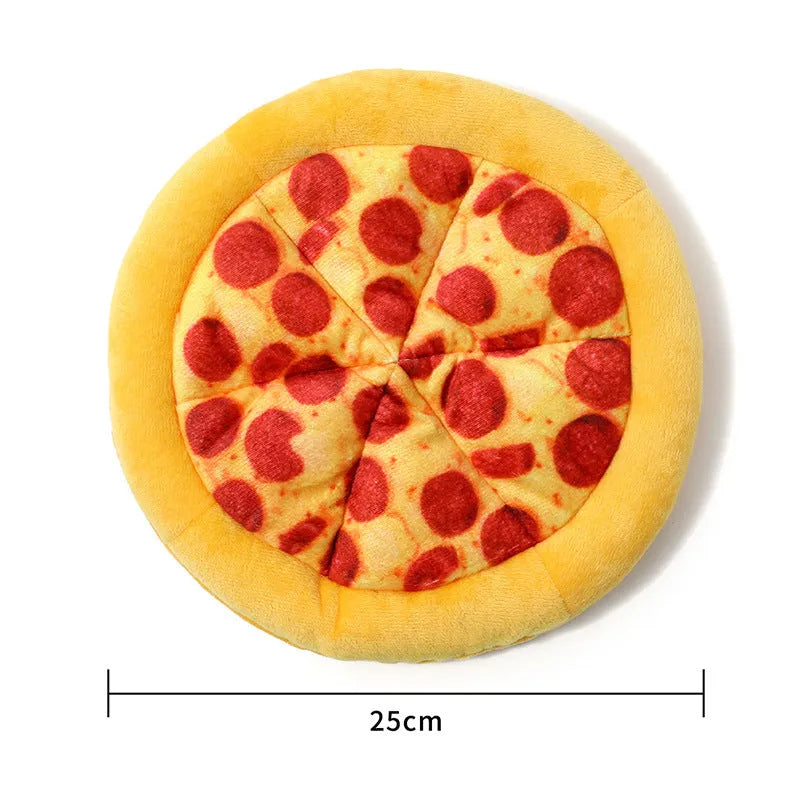 Yellow pizza design dog chewing toy with teddy bear motif measuring 20cm across