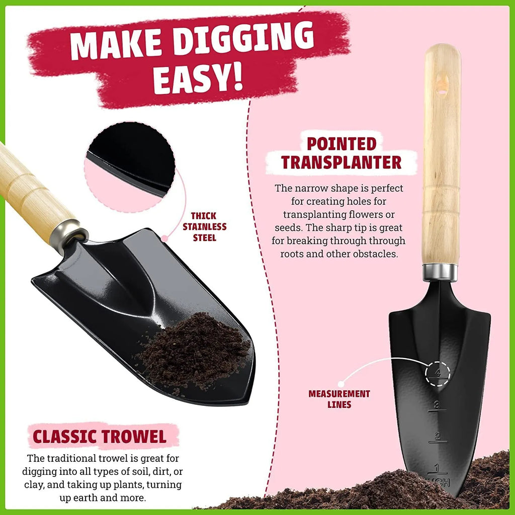 Set of eight stainless steel gardening hand tools including a trowel, weeder, and pruner.