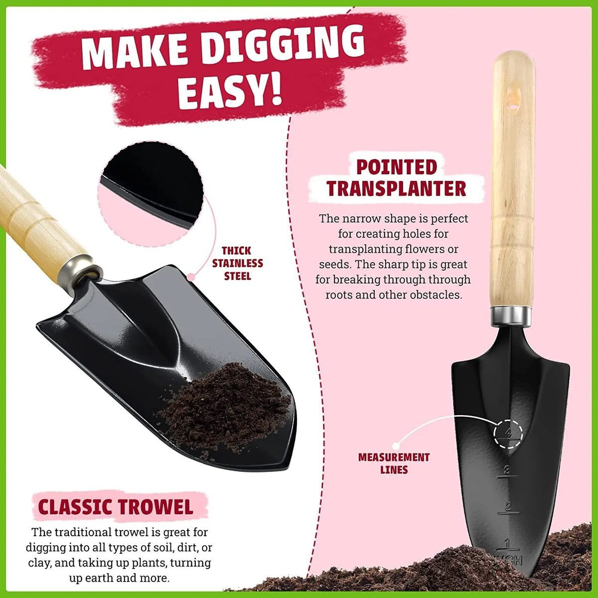 Set of eight stainless steel gardening hand tools including a trowel, weeder, and pruner.