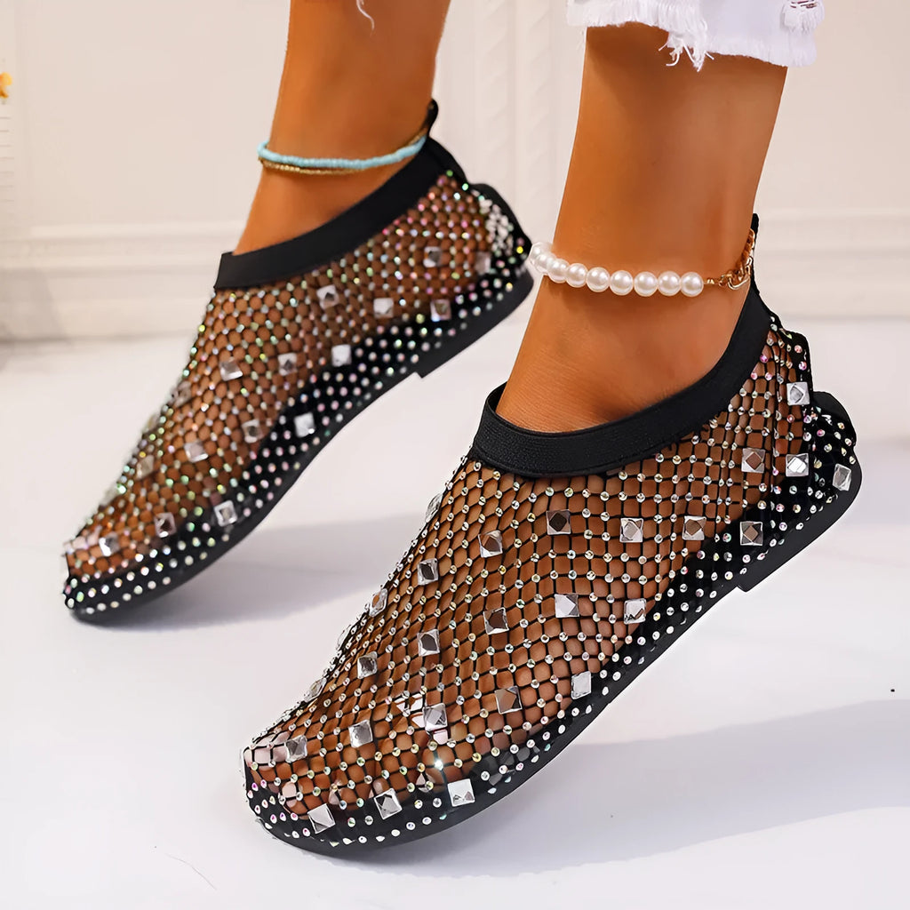 Women's mesh flat sandals with colourful rhinestone decoration and round toe design