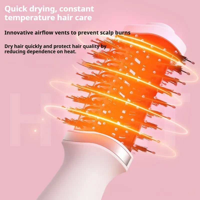 Pink multifunctional hair dryer with attached styling comb for drying and curling hair