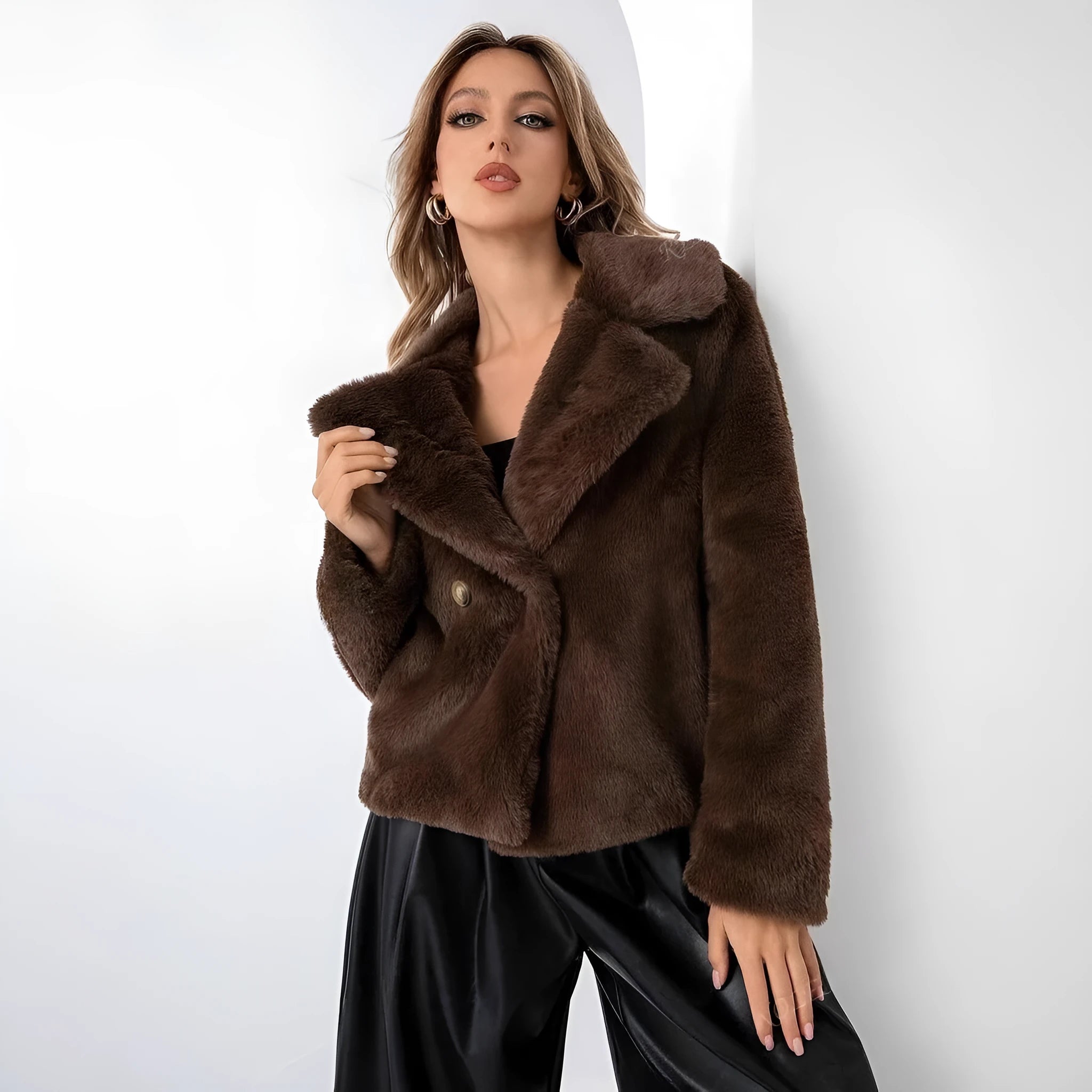 Women's loose short faux fur coat in rose red colour with regular sleeves