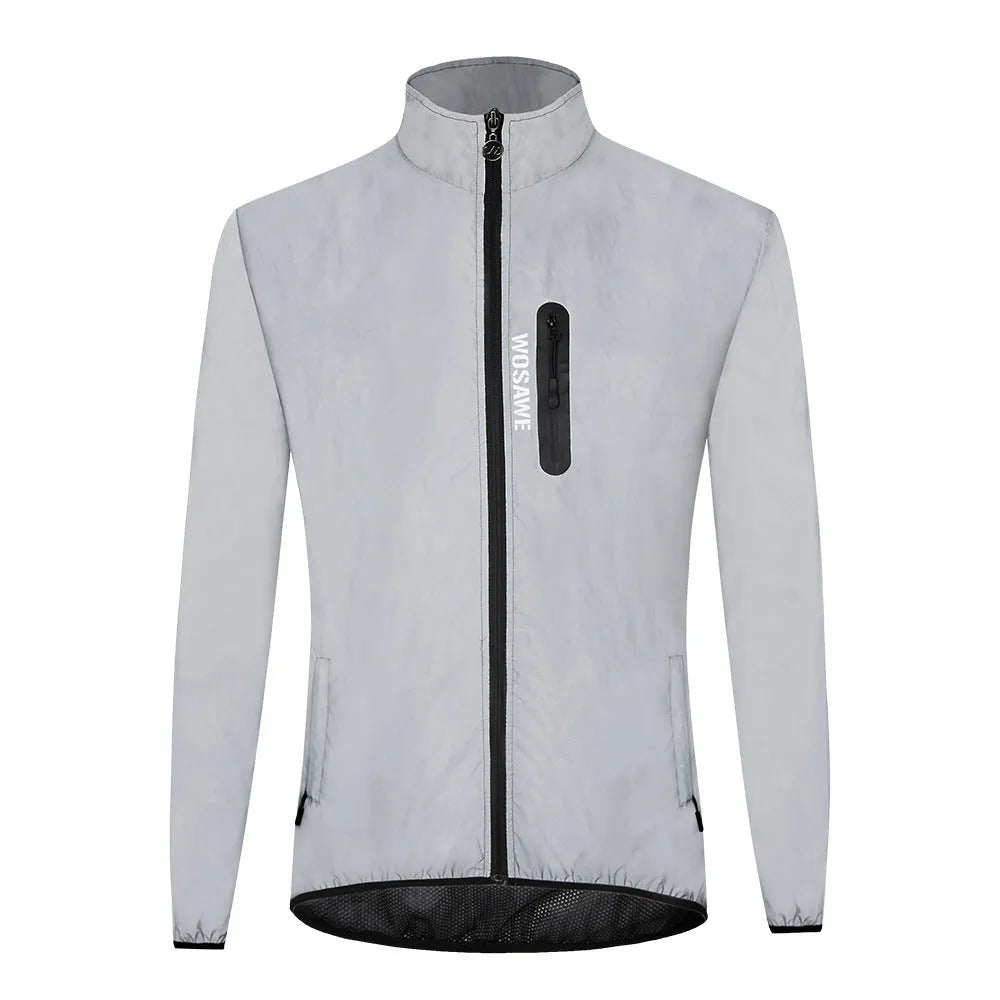 Silver waterproof polyester jacket with long sleeves shown in European sizes from S to 3XL