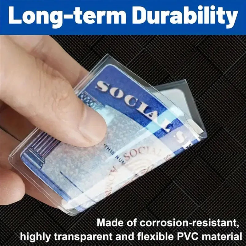 Transparent PVC ID card holder showing social security card inside with dimensions 9.7cm by 5.9cm