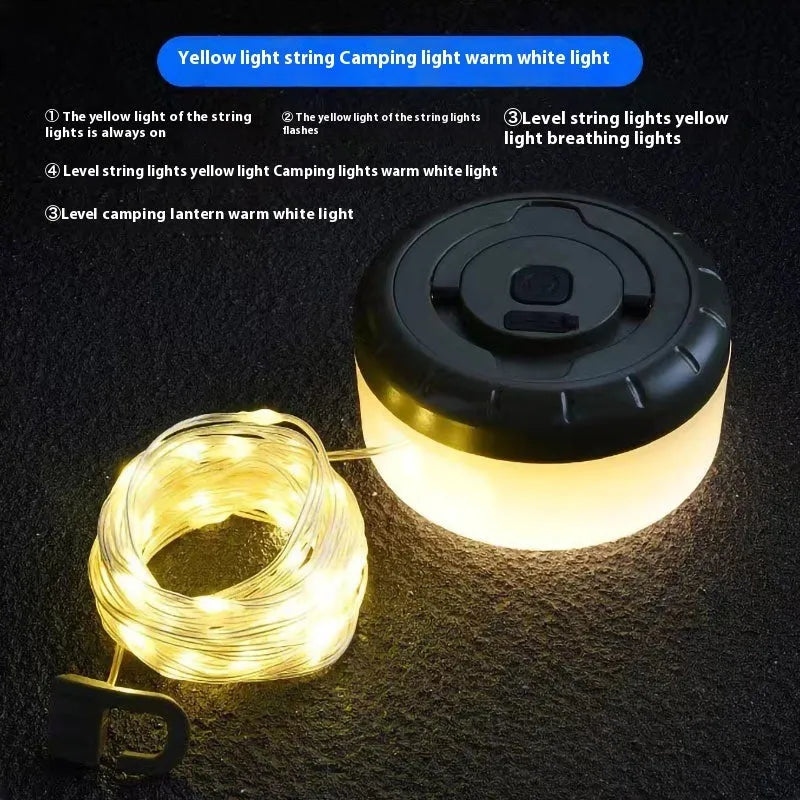 Rechargeable outdoor string lights with 30 LED beads on an 8 metre cord, shown in warm white and colourful light settings.