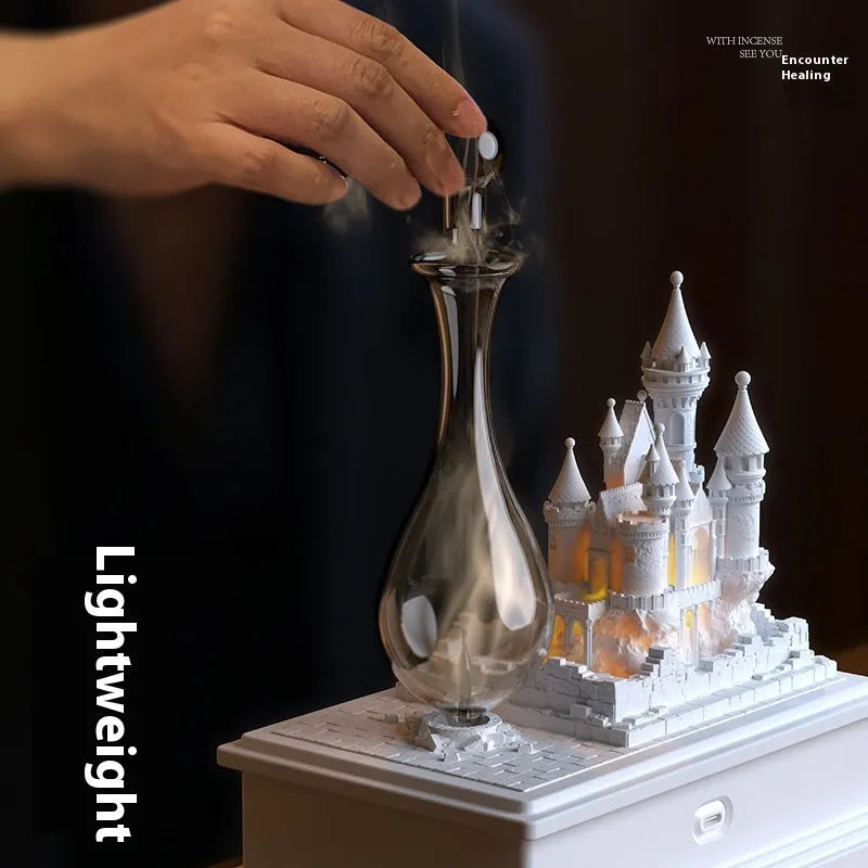 White medieval castle aromatherapy machine with cold fragrance diffuser and ambient lighting