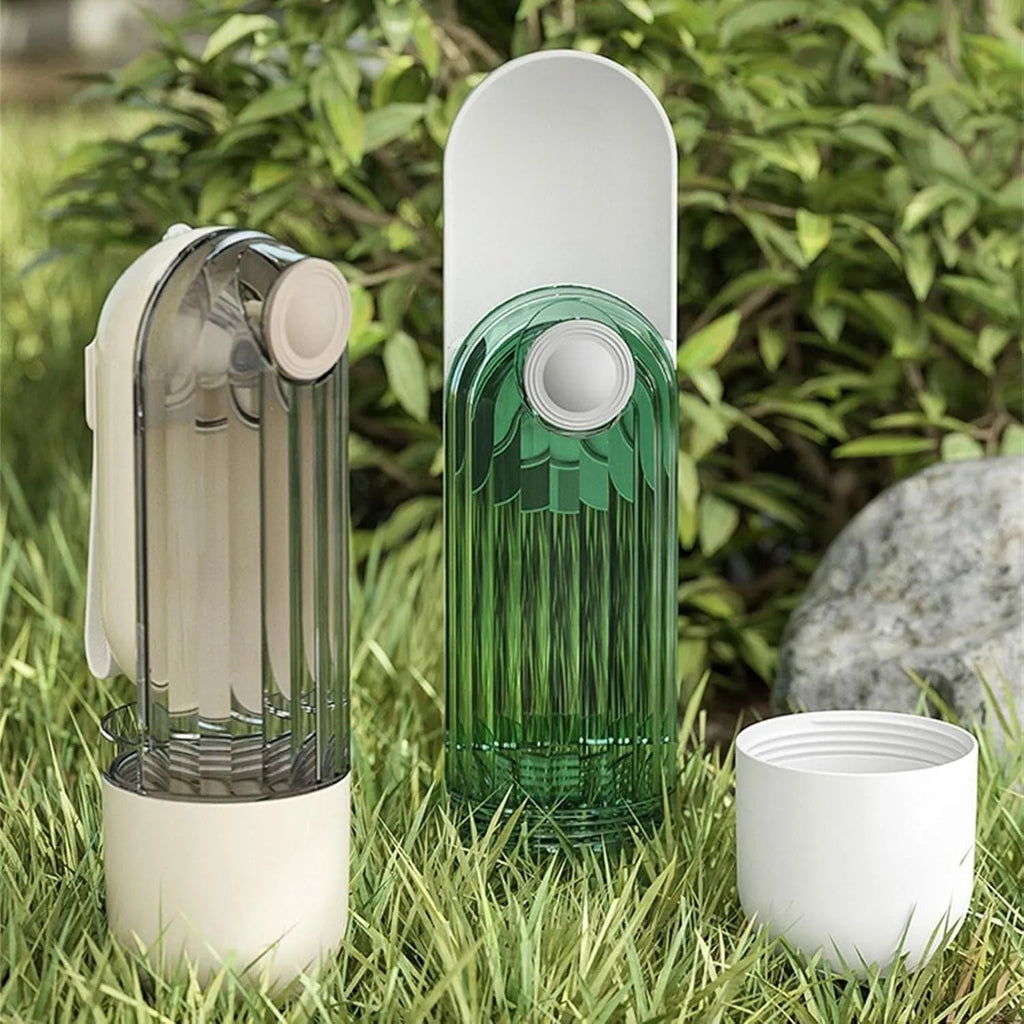 Folding dog water bottle with food dispenser in beige or green for outdoor pet activities