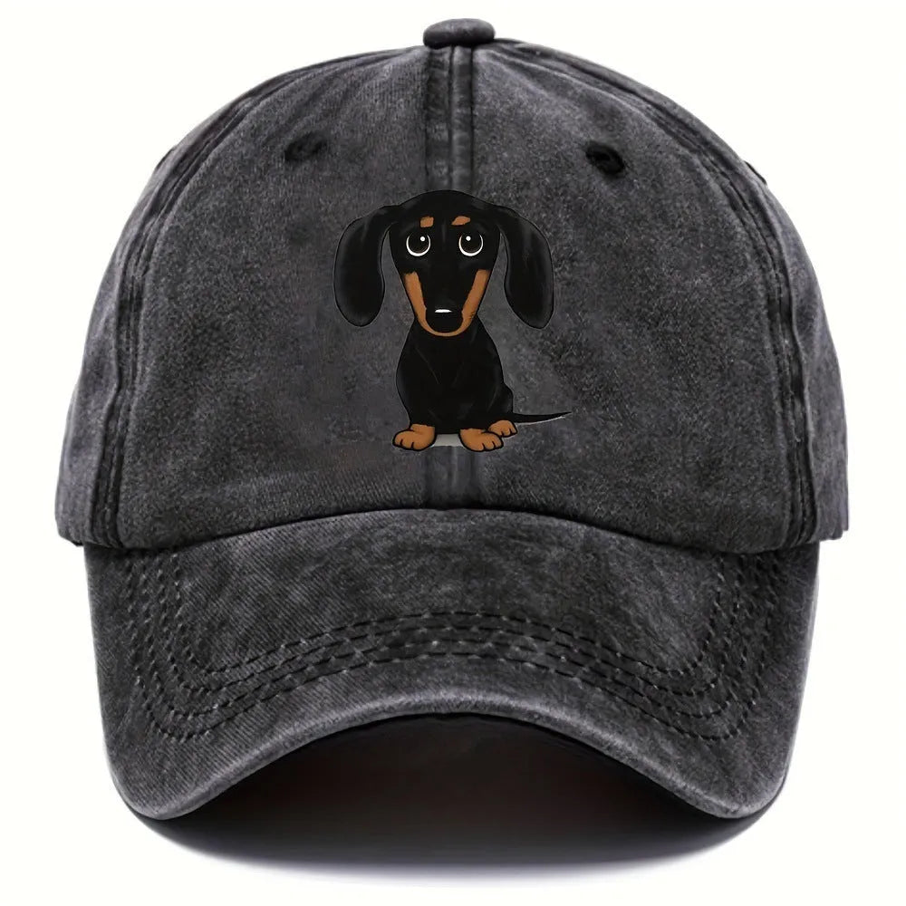 Retro washed blue cotton baseball cap with a machine-embroidered brown Dachshund dog graphic on the front.