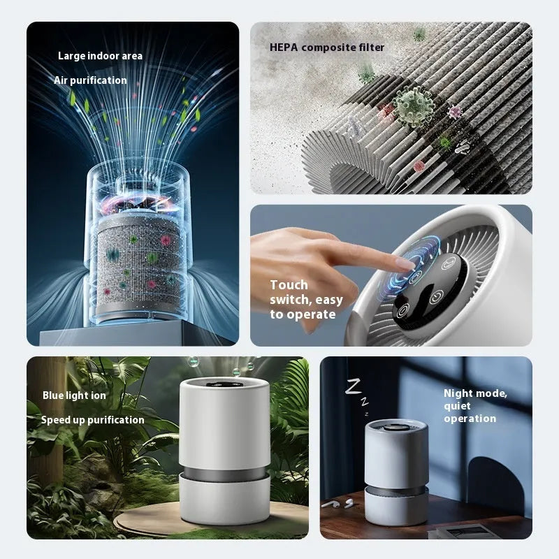 White desktop air purifier unit on table with USB cable for small room air cleaning