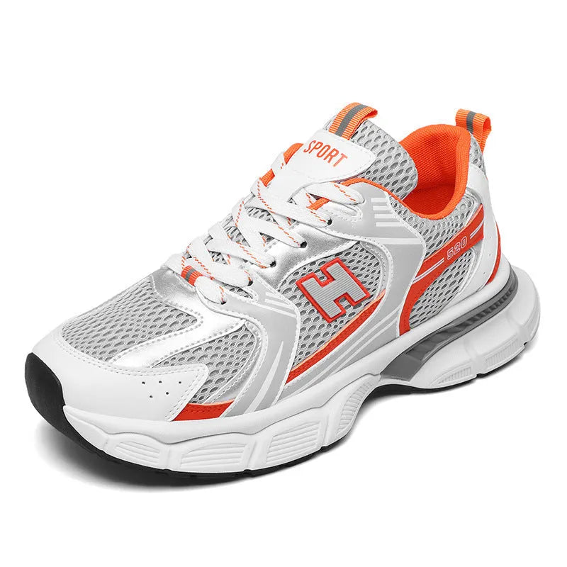Men's mesh running shoes in three colour options showing round toe design and injection-moulded soles