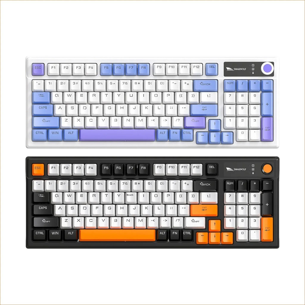 SK15 wired mechanical keyboard with USB cable in sunset orange, autumn water blue, or black colour options