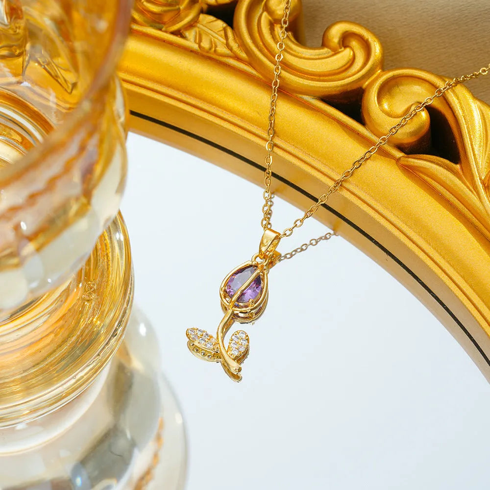 Zircon tulip necklace for women with gold flower pendant on adjustable titanium steel chain.