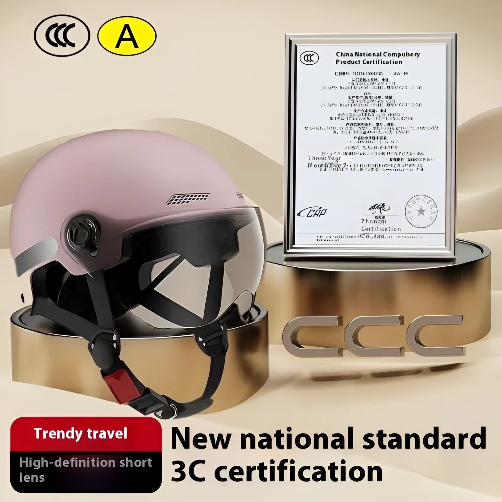 3C certified full-face electric motorcycle helmet in light pink with sun protection visor