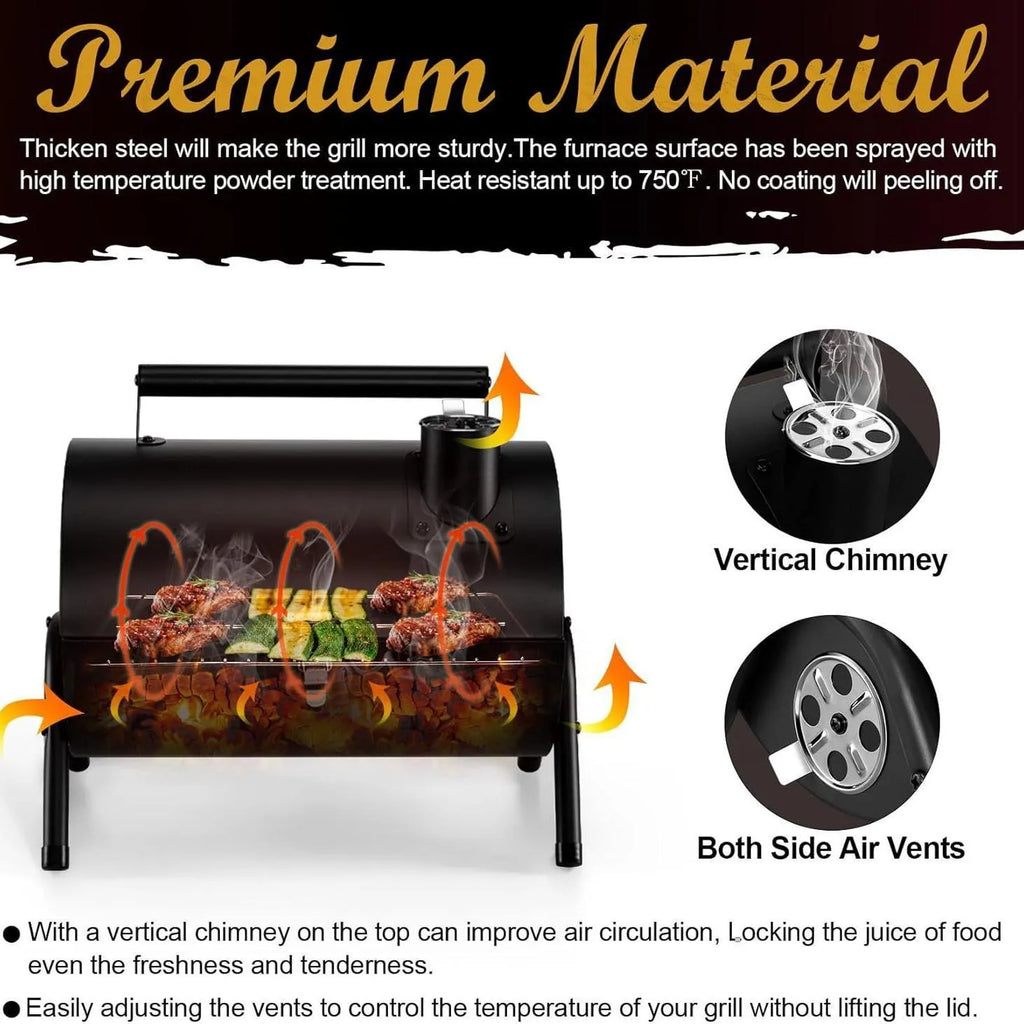 Small folding desktop charcoal barbecue smoking device with grill for portable cooking