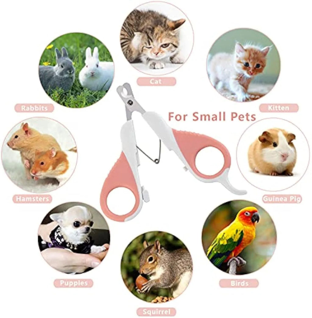 Grey and pink angled pet nail clippers with safety lock and rubber handles.