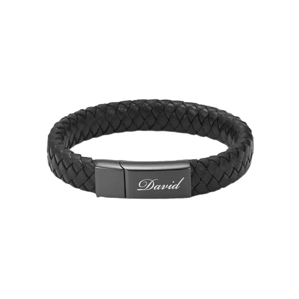 Black leather and stainless steel woven casket bracelet with engraved English letters