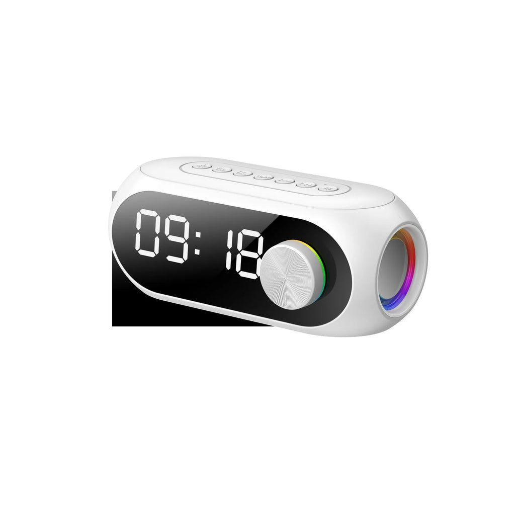 Extra bass portable mini clock speaker in S8 Black, S8 White, and S8 Blue colour options with USB charging cable