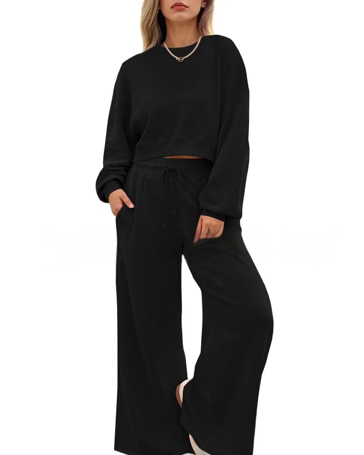 Women's solid colour casual two-piece set with long sleeves top and trousers in street hipster style