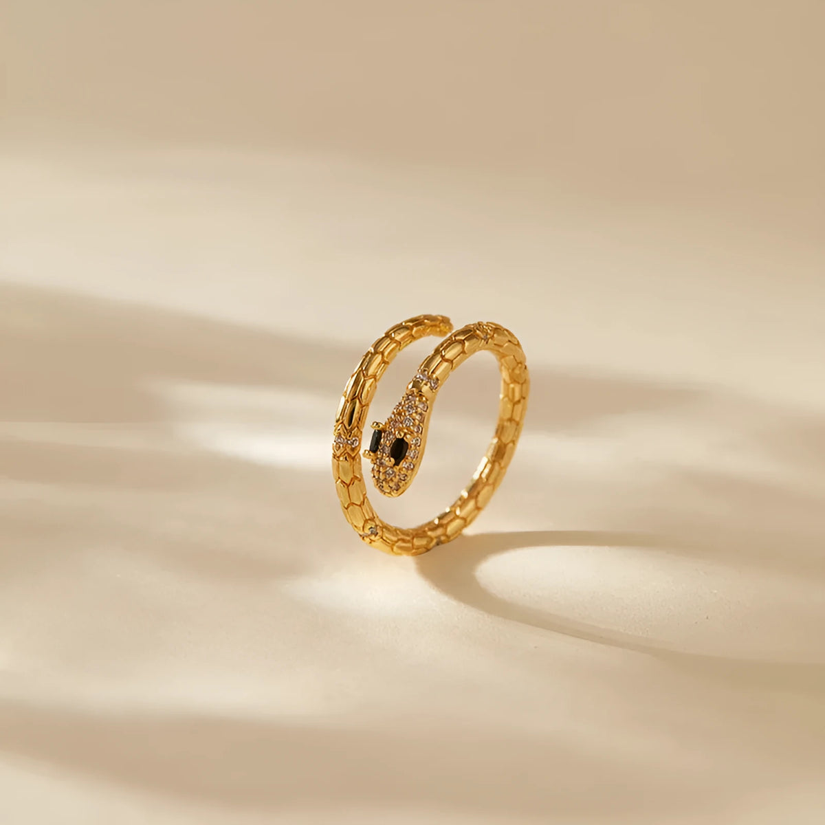 Adjustable snake index finger ring with gold plating and open mouth design