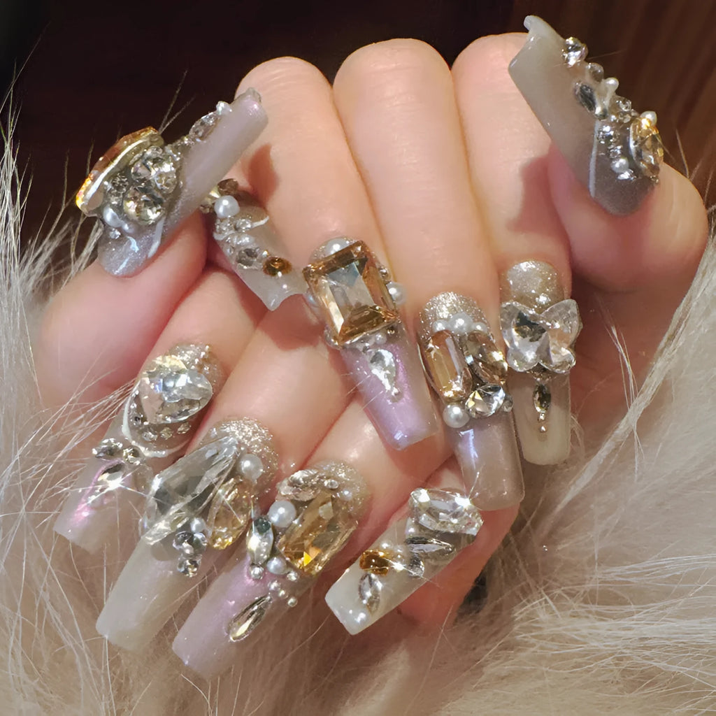 Rhinestone decorated false nail patches in S size with adhesive and tool options