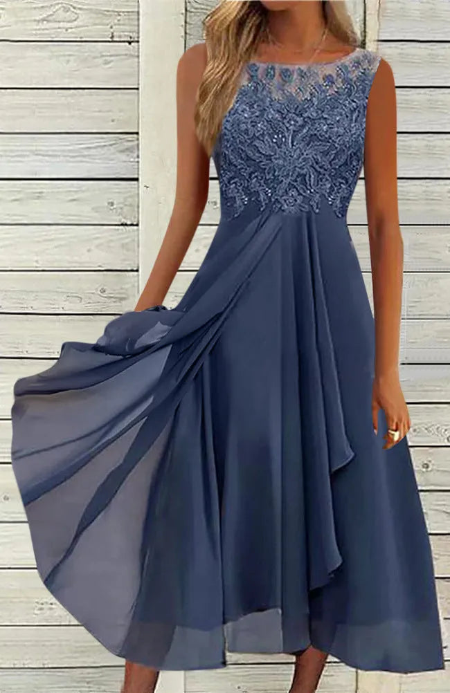 Women's sleeveless chiffon dress with lace hollow-out detail in princess style, shown in green colour
