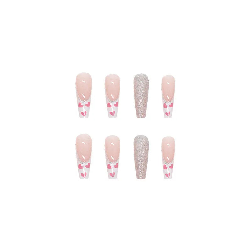 Wearable finished fake nails long ballet type with love pattern in W097 shiny love and glue