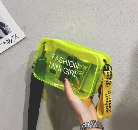 Transparent square jelly shoulder bag in hard PC material with adjustable strap and fresh sweet design