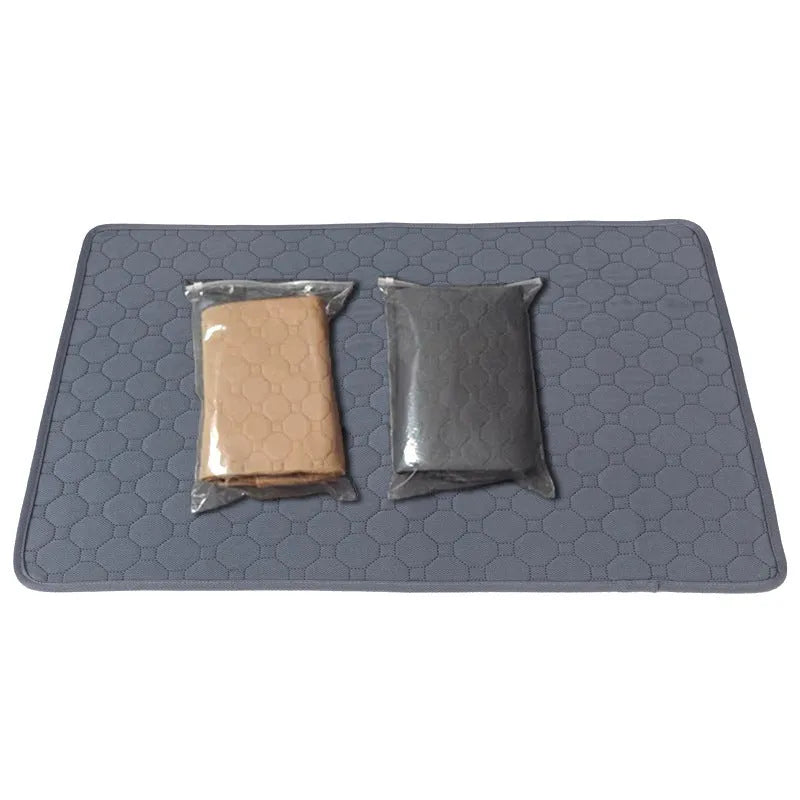 Two neutral coloured washable dog pee pads showing grey and tan options in different sizes