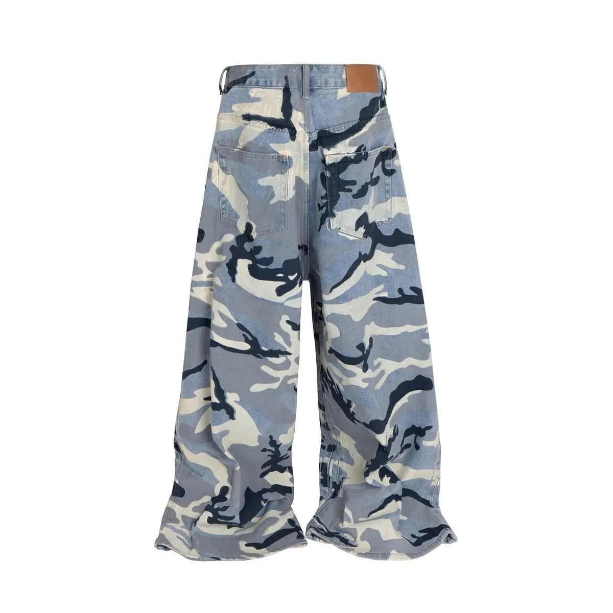 Man and woman modelling blue snow camouflage loose-fit stretch denim jeans.