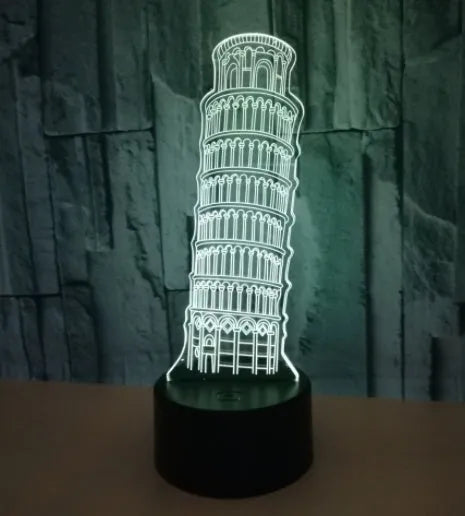 Leaning Tower of Pisa 3D acrylic night light glowing in blue on a black ABS base.