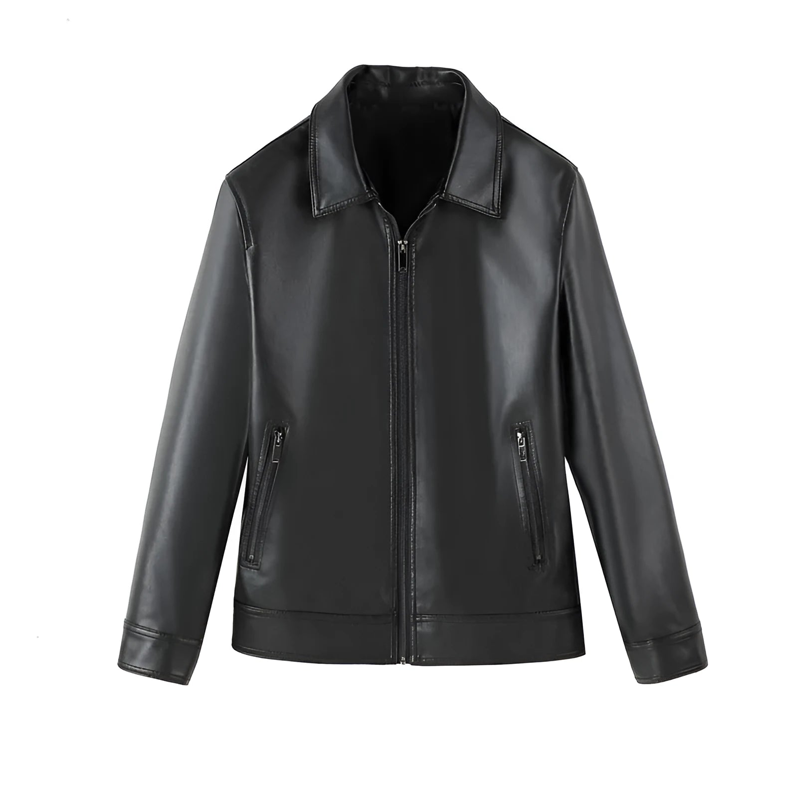 Men's black PU leather jacket with zipper pockets and loose fit casual design