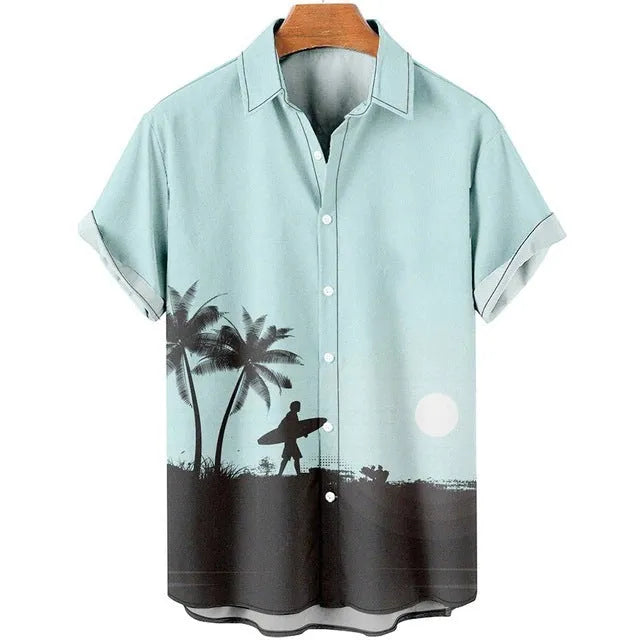 Man wearing a slim-fit short-sleeve shirt with a colourful 3D digital printed floral pattern.