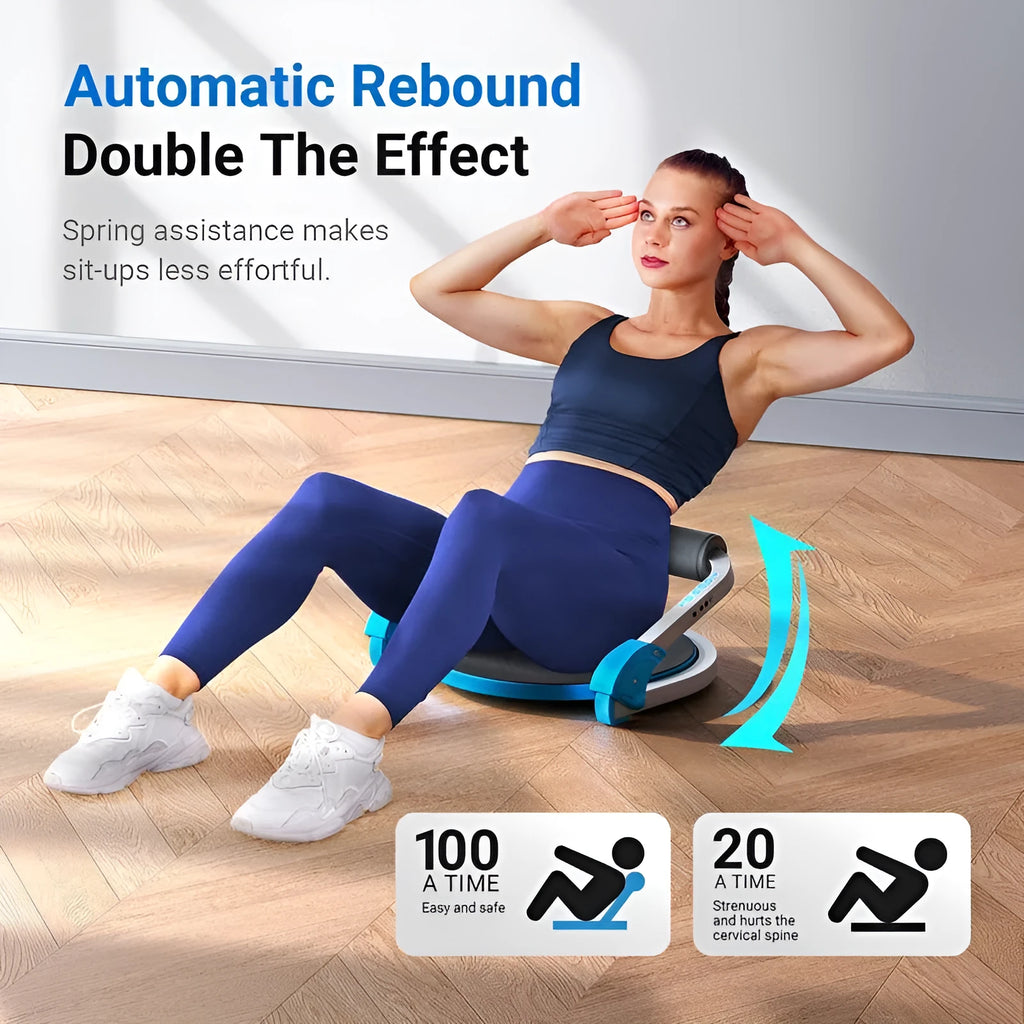 Sky blue and red portable mini abdominal exercise device for home, office, and outdoor use.