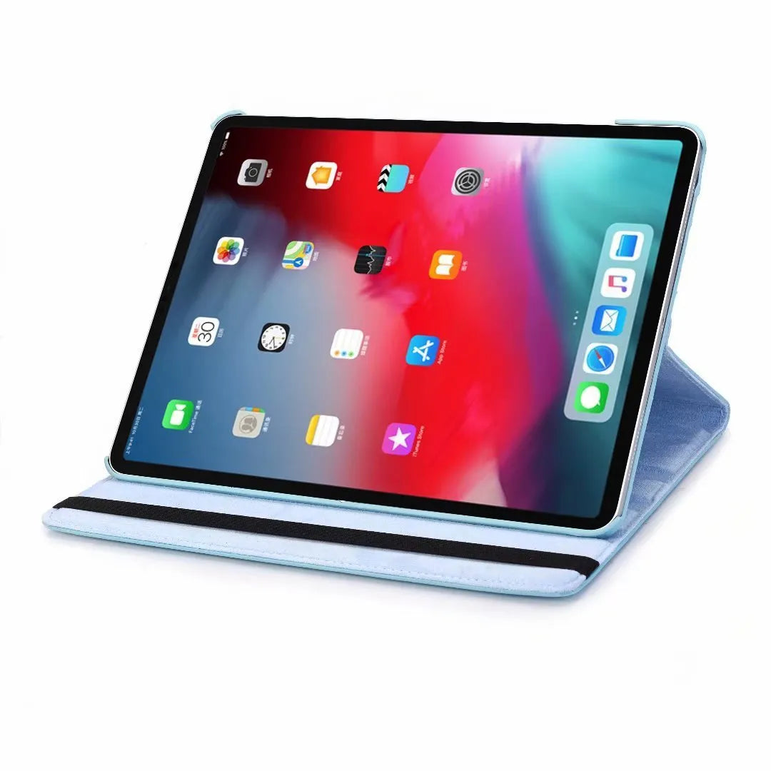 iPad rotating clamshell protective sleeve in imitation leather, shown in multiple colour options.