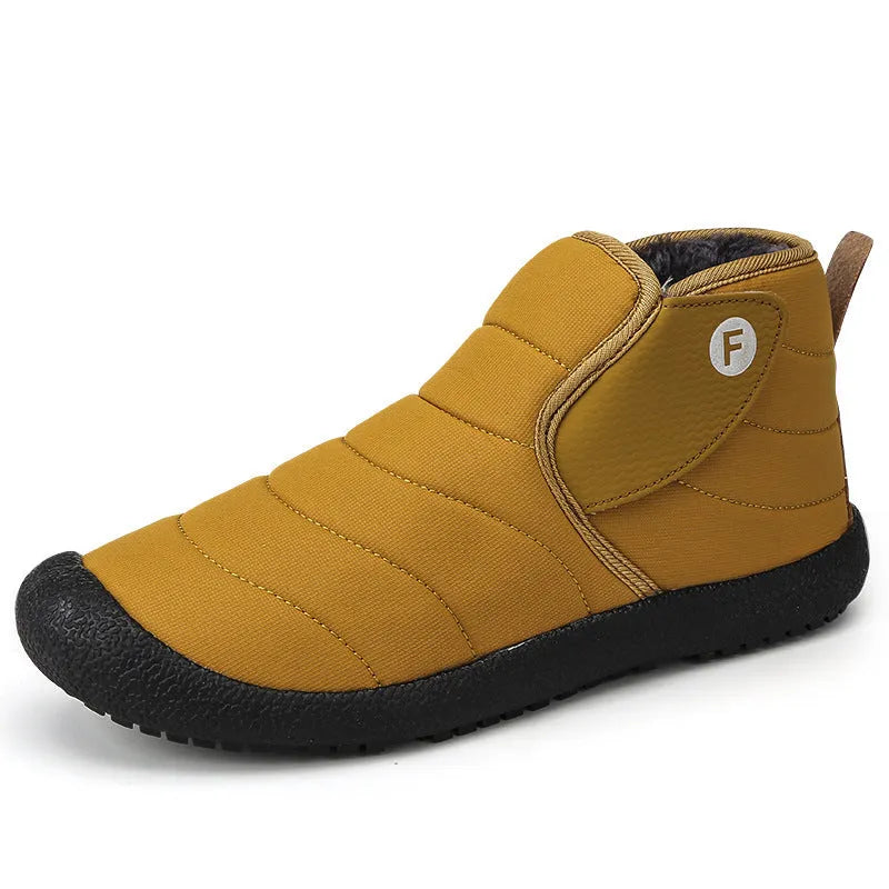 Men's cotton snow boots with non-slip rubber sole and plush lining in black, blue, green, or yellow.
