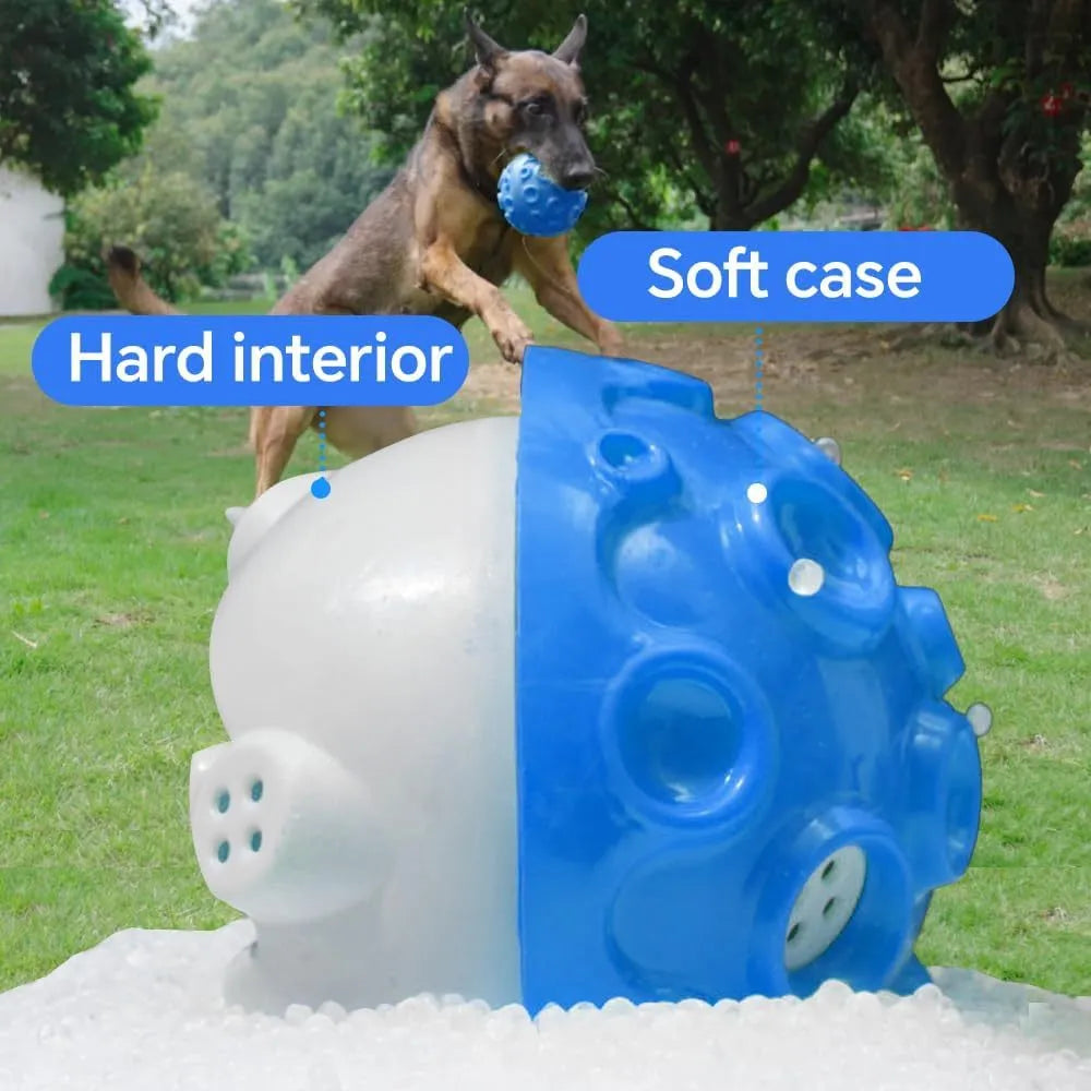 Colourful rubber dog toy ball with textured surface for aggressive chewers and anxiety relief