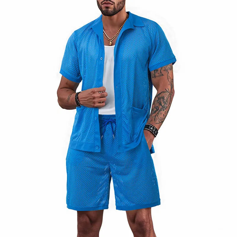 Design Beach Hawaii women's see-through short sleeve cardigan and shorts suit in lake blue.