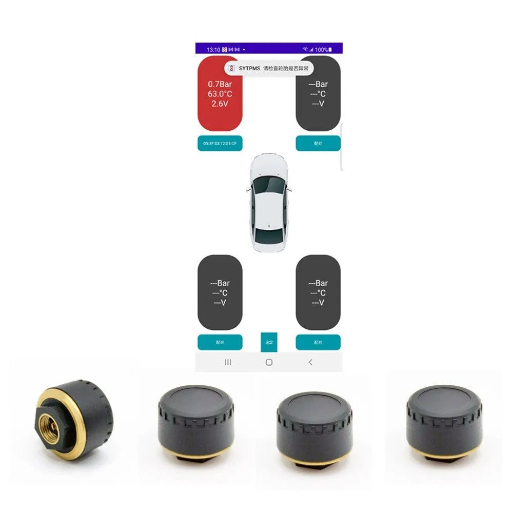 Bluetooth tyre pressure monitoring system with four black waterproof sensors for car truck use