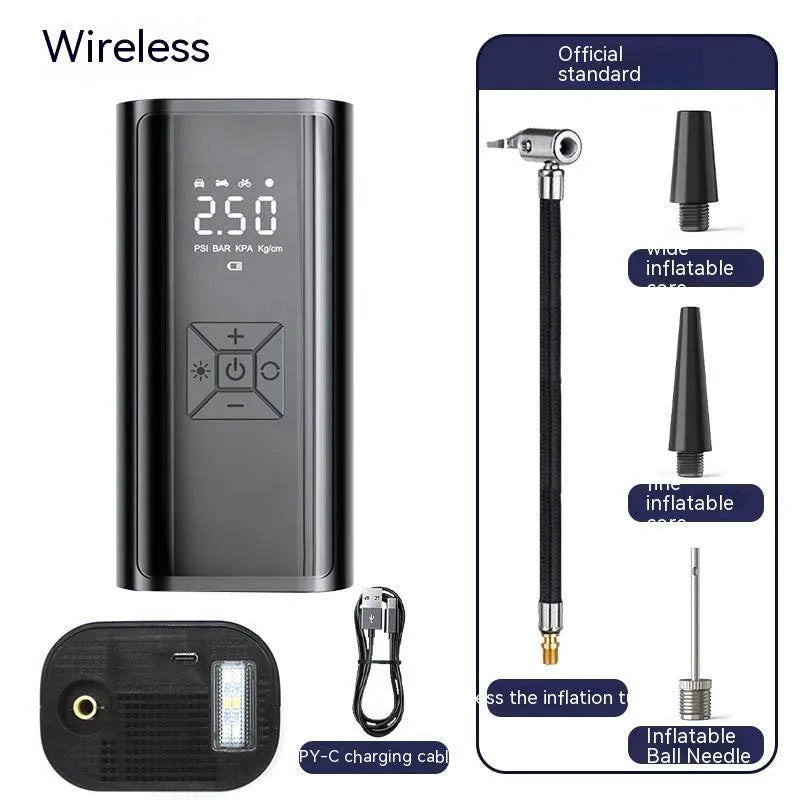 Digital display car tyre pump with LED light and USB port for wireless inflation