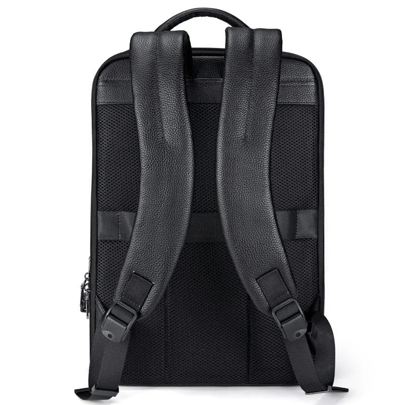 Black leather men's business backpack with curved shoulder straps and visible sewing lines
