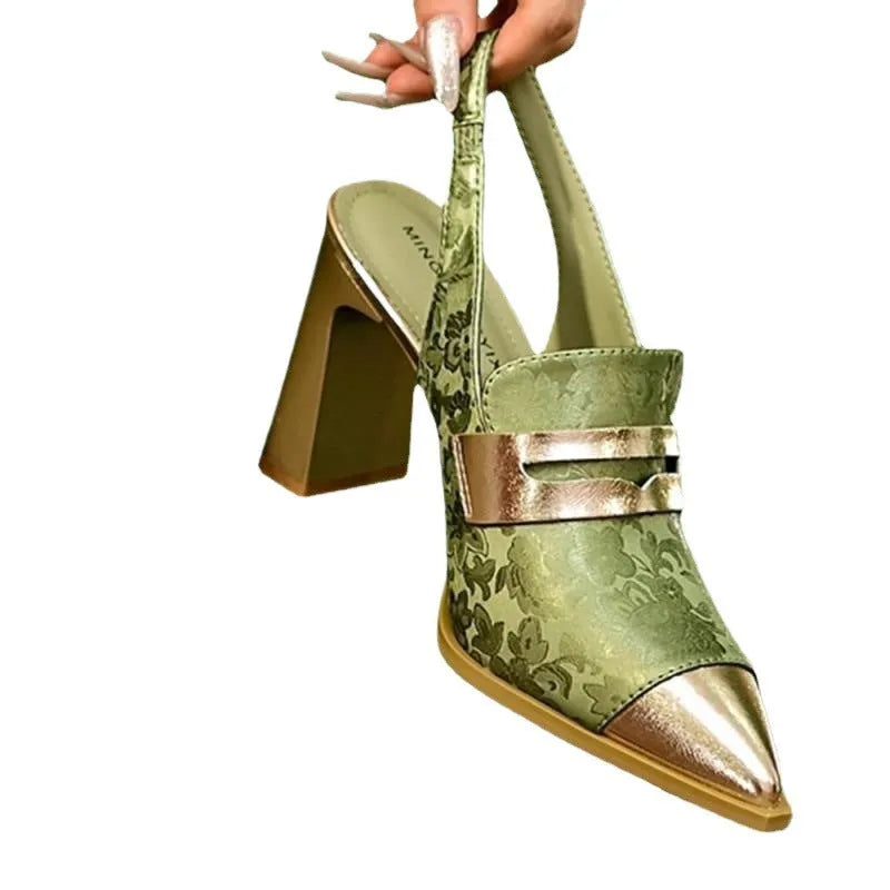 Women's black Korean style chunky heel sandals with pointed toe and adjustable elastic strap