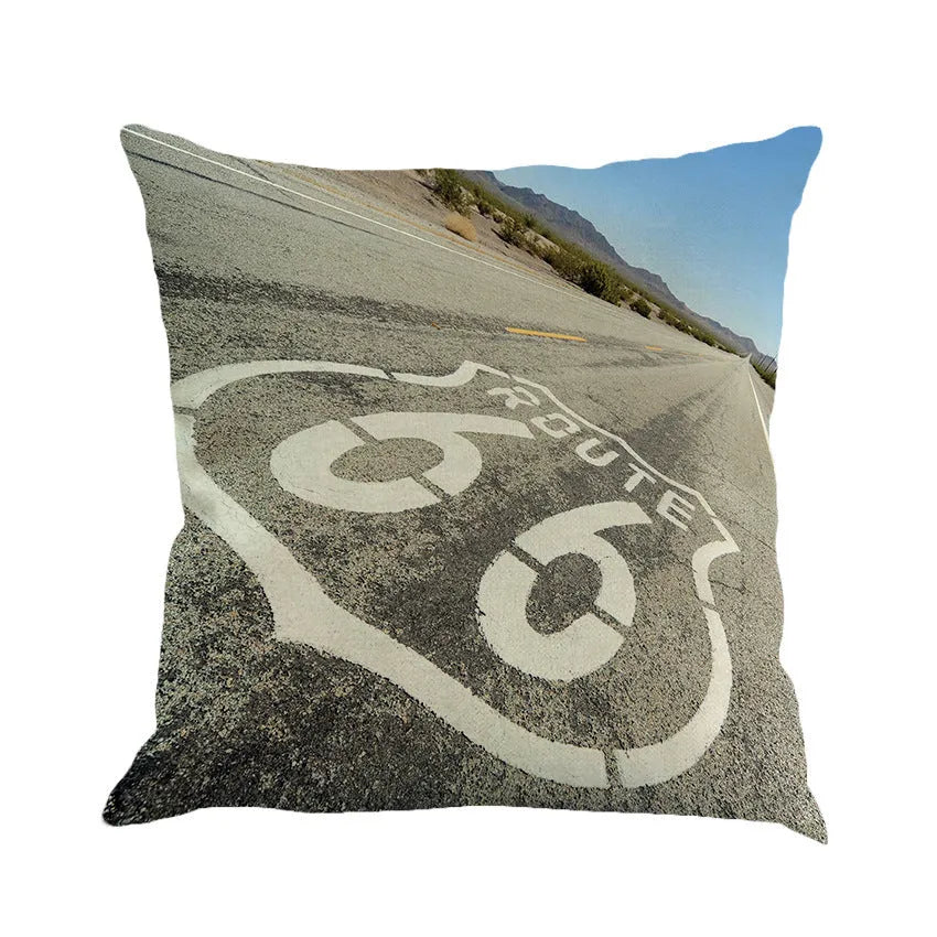 Square linen blend cushion cover with US Route 66 landscape print, 45cm size.